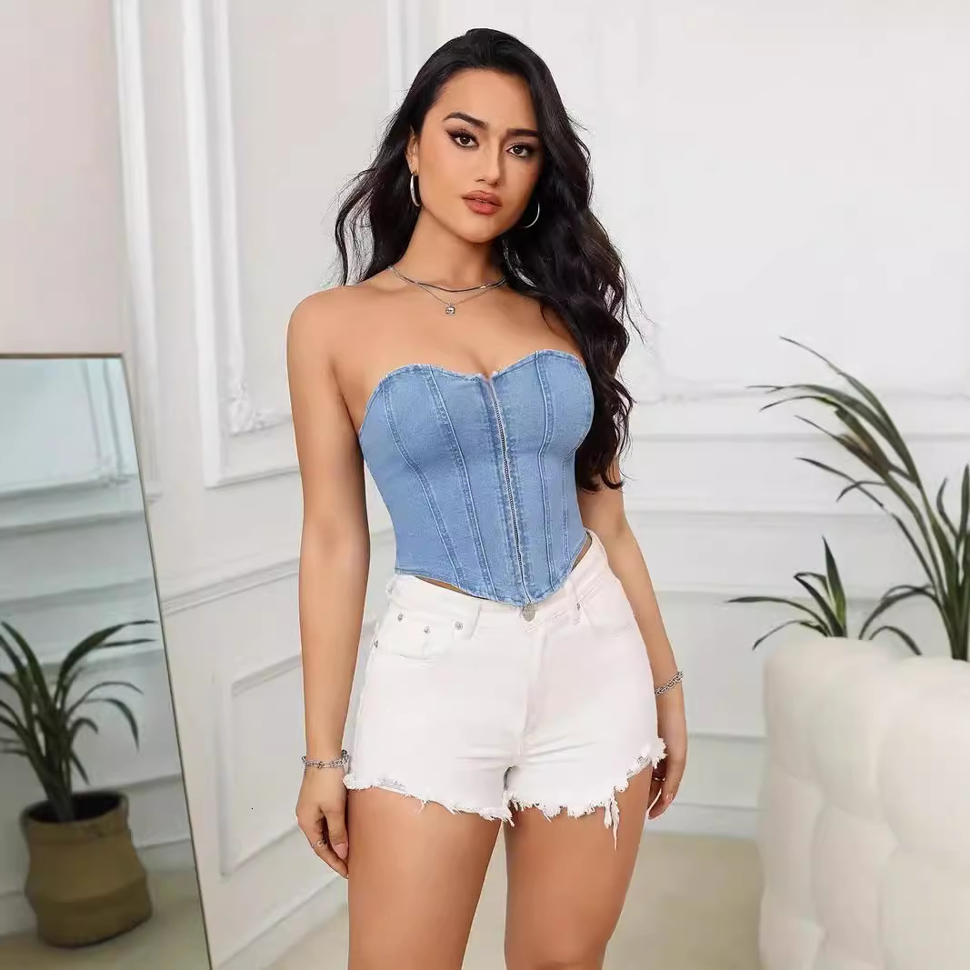 Summer Slim Fit Washed Vintage Denim Tube Top Vest Sexy Strapless Short Tie Womens Clothing 240407