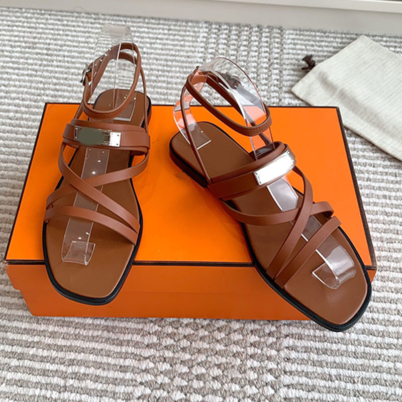 Summer Style Lady June Sandals luxury designer Calfskin 242104 Perfect Summer Sandals buckle straps design brown lambskin insole lining Sandals