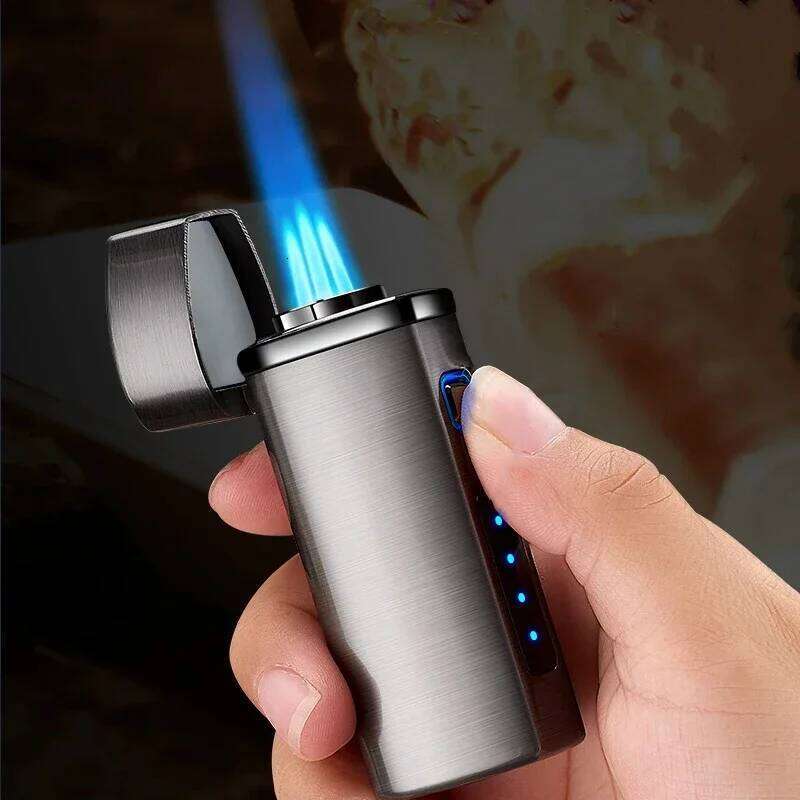 New Touch Sensing Metal Outdoor Windproof Electric USB Turbo Three Torch Blue Flame Gas Lighter Cigar Tool Men's Gifts W260202