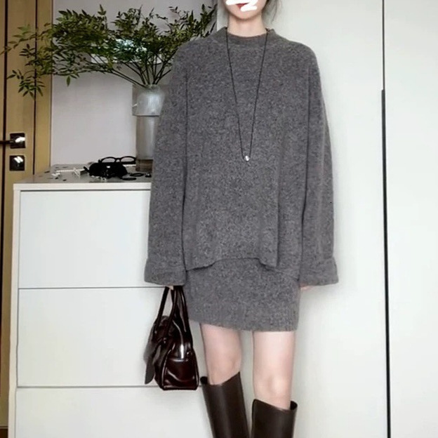 Fashion Grey Mohair Knitted Sweater 2 Pieces Skirt Sets Women Chic Oversized O-neck Cropped Pullover Suits Lady Commute Outwear 241019