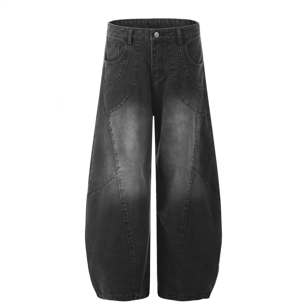 American Style Vintage Washed Denim Scimitar Pants Men Heavy Stitching Split Deconstructed Loose Wide Leg Trousers Trendy