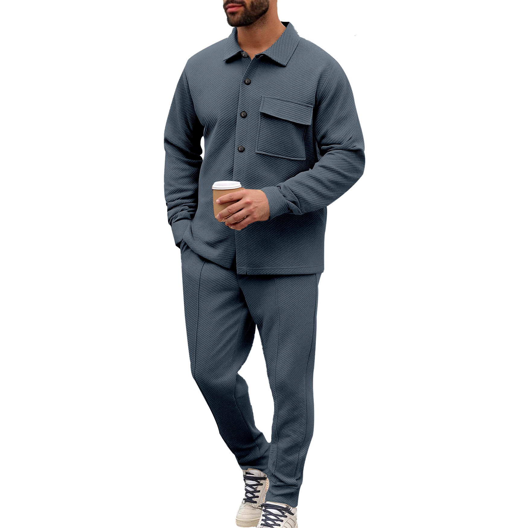 Mens Spring and Autumn Casual Jacquard Pocket Button Jacket and Sweatpants Set Versatile Sportswear