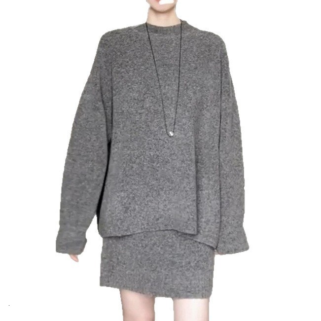 Fashion Grey Mohair Knitted Sweater 2 Pieces Skirt Sets Women Chic Oversized O-neck Cropped Pullover Suits Lady Commute Outwear 241019