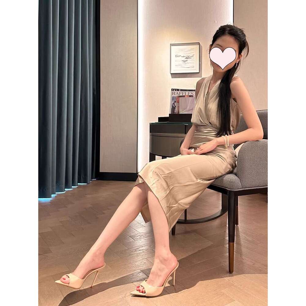 Black Pointed Open Toe Sexy Slip-On Design Shoe Mules Patent Leather High Sandals 2026 New Summer Thin Heel