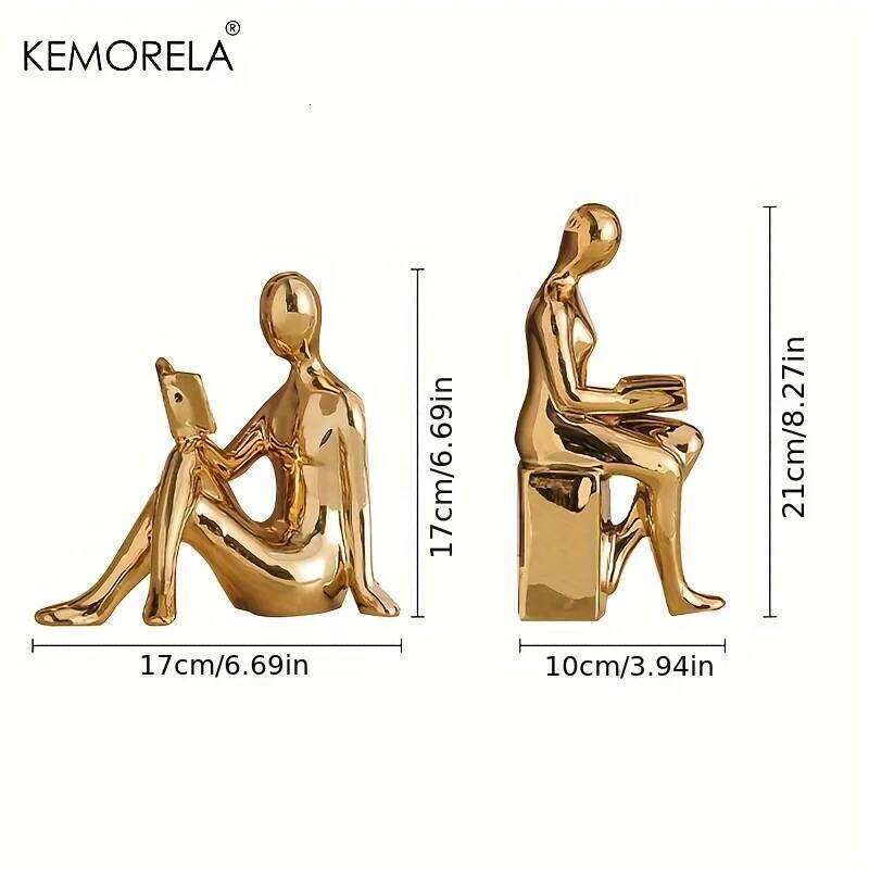 KEMORELA 2PCS Ceramic Material Statue of Person Reading a Book Home TV Wine Cabinet Office Decorations Living Room Decoration Y260202
