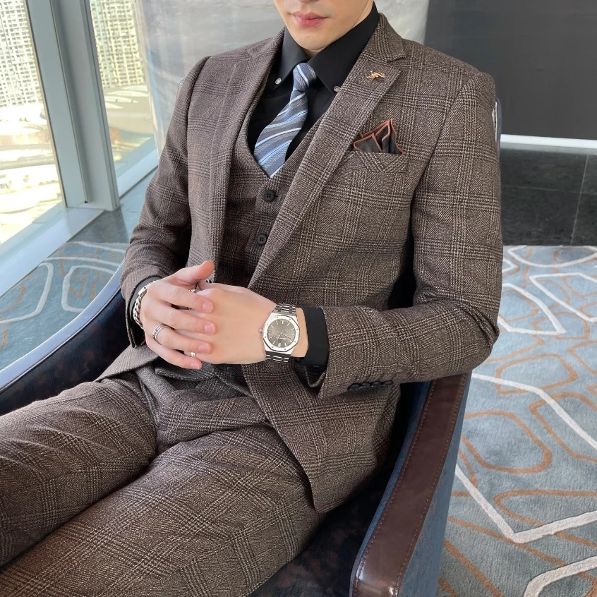 British Korean Style High Quality Modified Plaid Three-Piece Suit for Men - Stylish Business Casual Suit Vest And Trousers Set 260122