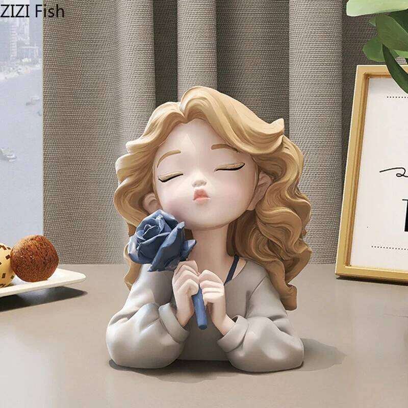 Wavy Blonde Hair Girl Figures Rose Flower Statue Desk Decoration Exquisite Character Resins Sculpture Room Aesthetics Decor Y260202