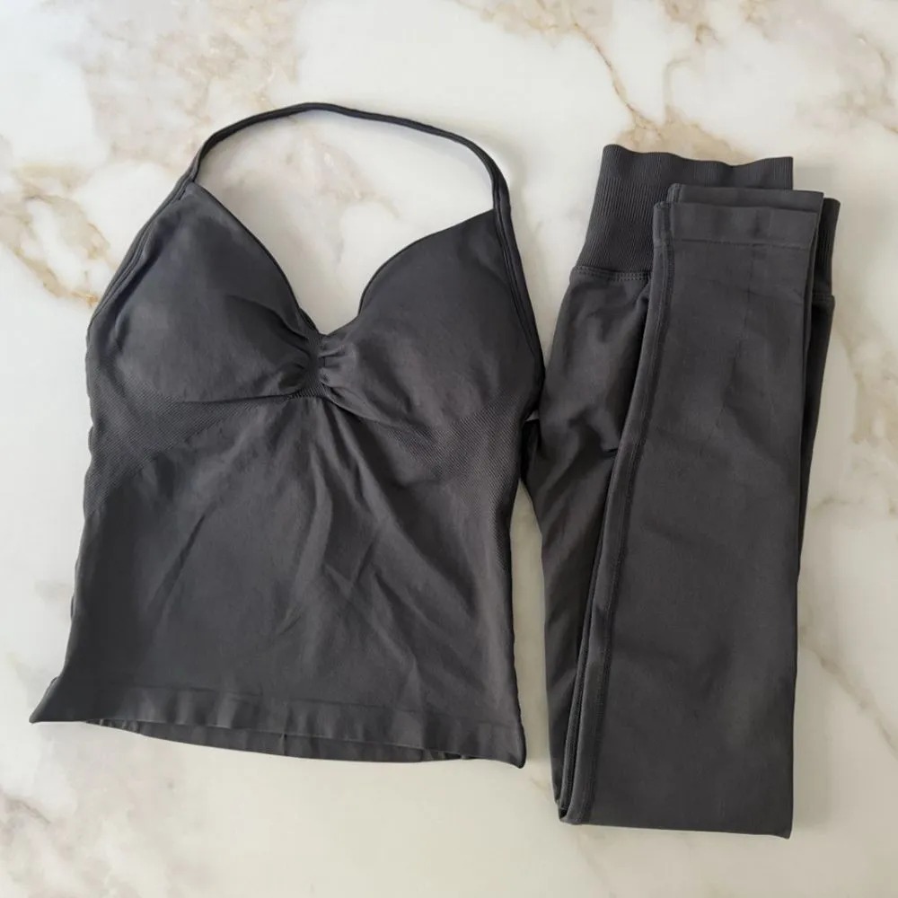 Dfynes Gym Set Women 2 Piece Strappy Yoga Bra High Waist Workout Scrunch Shorts Sports Suit Fitness Clothes Seamless Yoga Set Backless Tops Outft