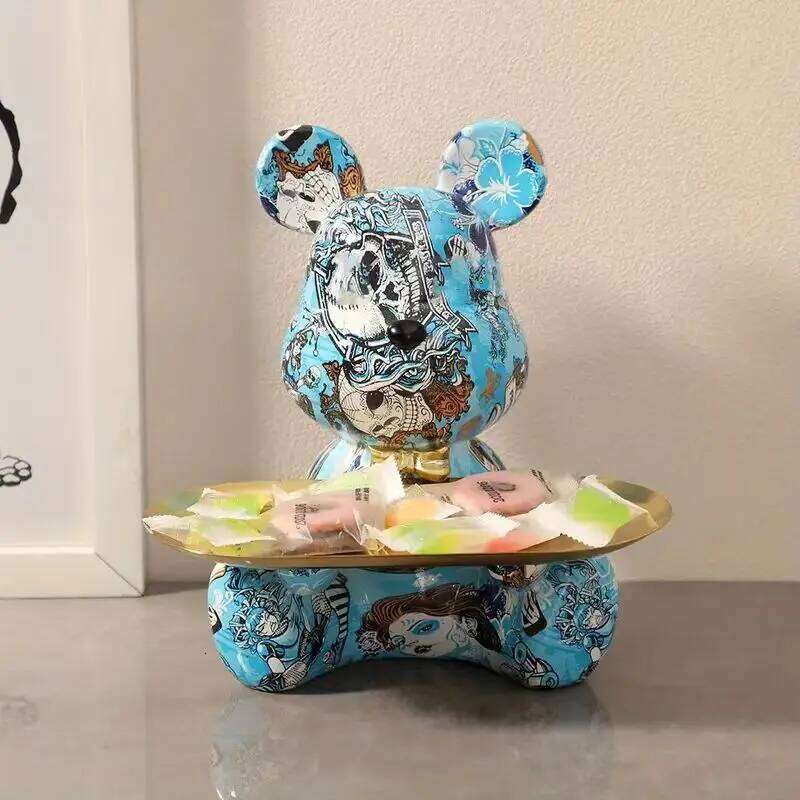 18.5cm Graffiti New Bear Figurine Home Decoration Animal Statue Keys Storage Shelf Modern Room Sculpture Table Decor Statues Y260202