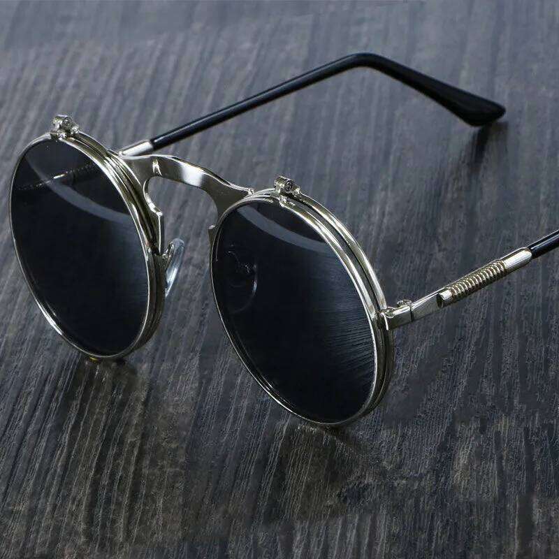Vintage Steampunk Round Sunglasses Women Luxury Alloy Punk Men Fashion Metal Retro Clamshell Sun Glasses UV400 H260202