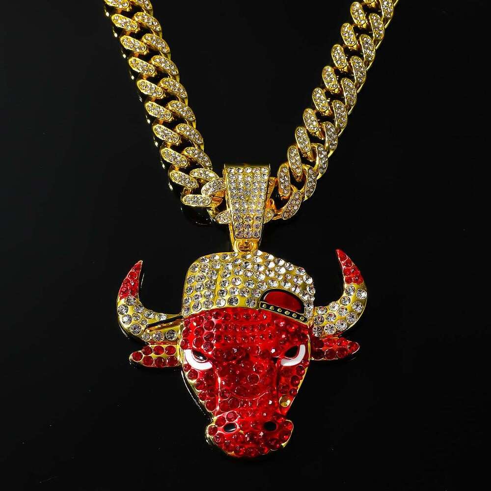 Gold Red Bull Head Pendant Full Diamond Cuban Chain Alloy Necklace Hip Hop European And American