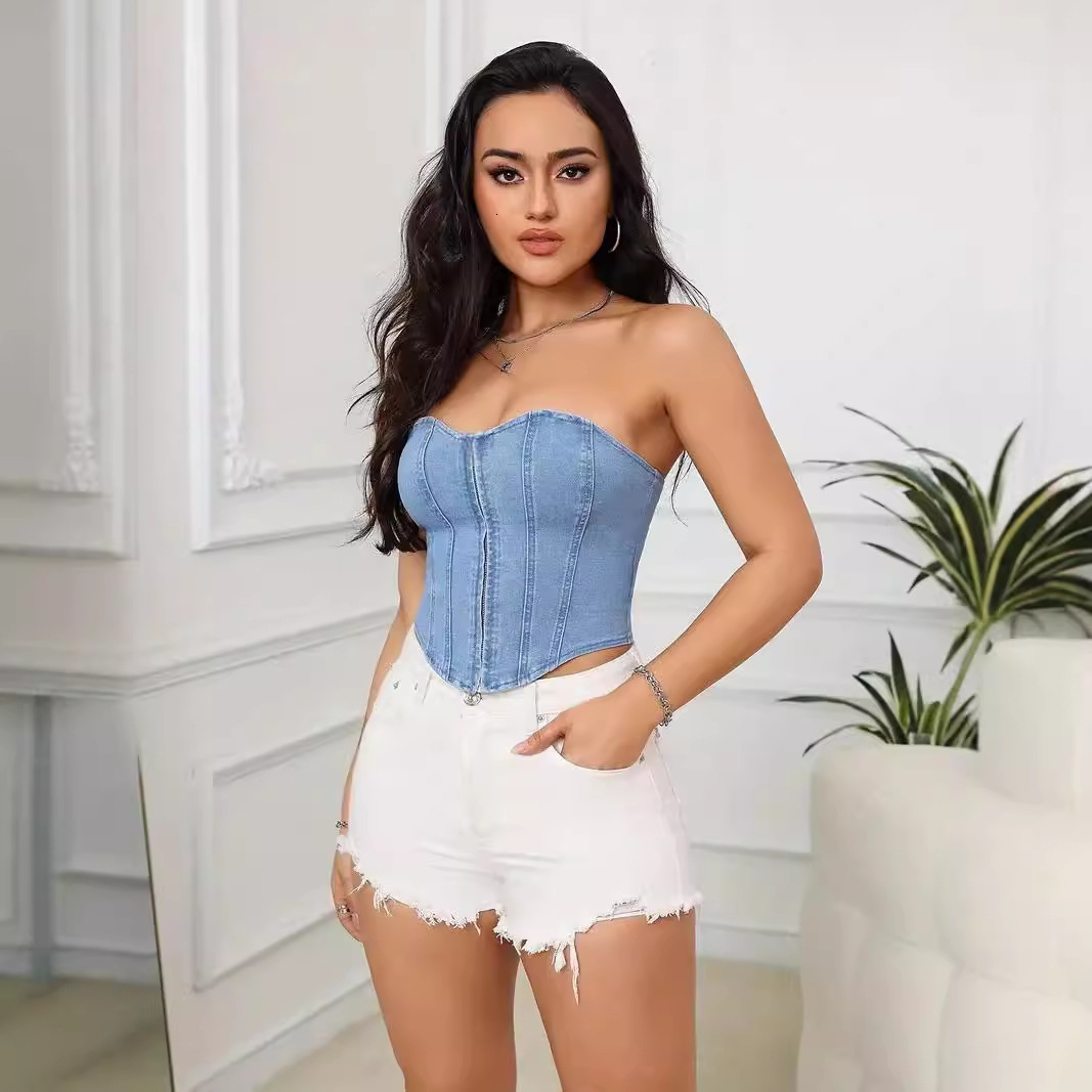 Summer Slim Fit Washed Vintage Denim Tube Top Vest Sexy Strapless Short Tie Womens Clothing 240407