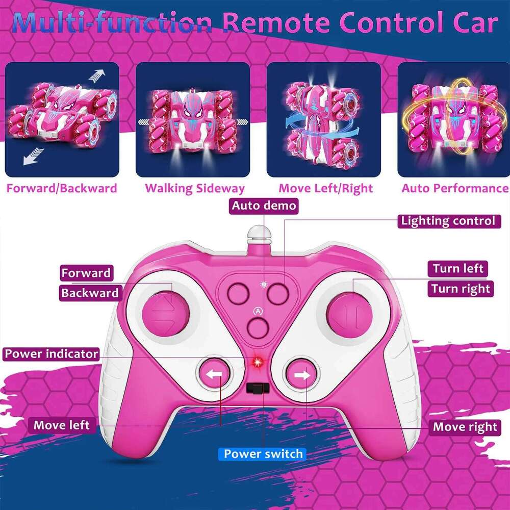 Pink LED Remote Control Stunt Car, 360 Rotation, 2-Sided Driving, Kids' Electric Toy Car for Multiplayer Games Y260131