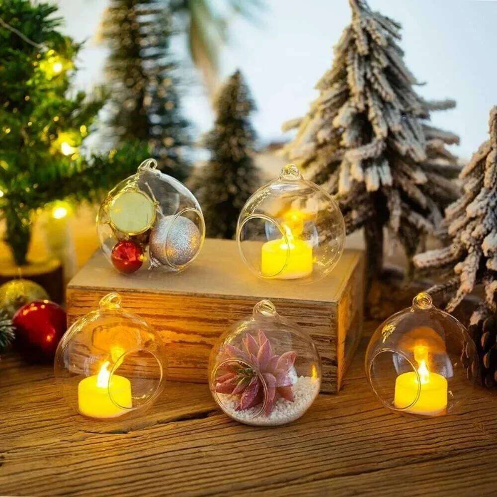 6/12Pcs Glass Candlestick LED Tealight Candle Holder Hanging Plant Crystal Ball for Wedding Home Party Tree Decoration Y260131