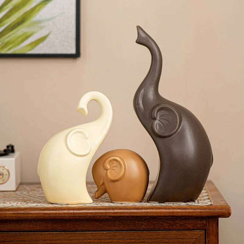 Family of Three Elephant Ornament Desktop Decoration Living Room Entrance Feng Shui Ceramic Animal Handicraft Figurines Objects Y260202