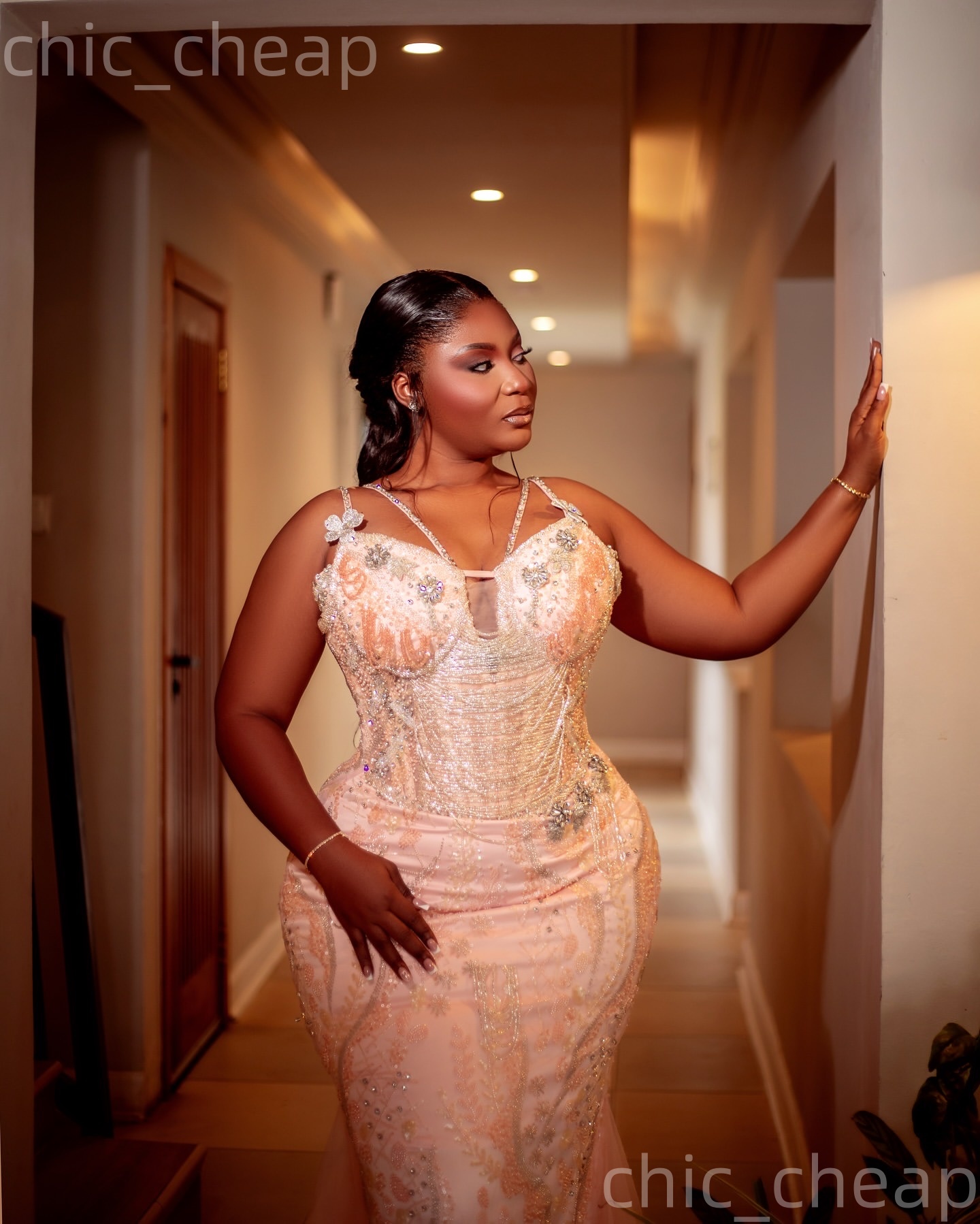 Aso Ebi Peach Mermaid Prom Dresses 2026 Beaded Crystals Flowers Sparkly Evening Formal Party Second Birthday Engagement Gowns Dress For Special Occasi