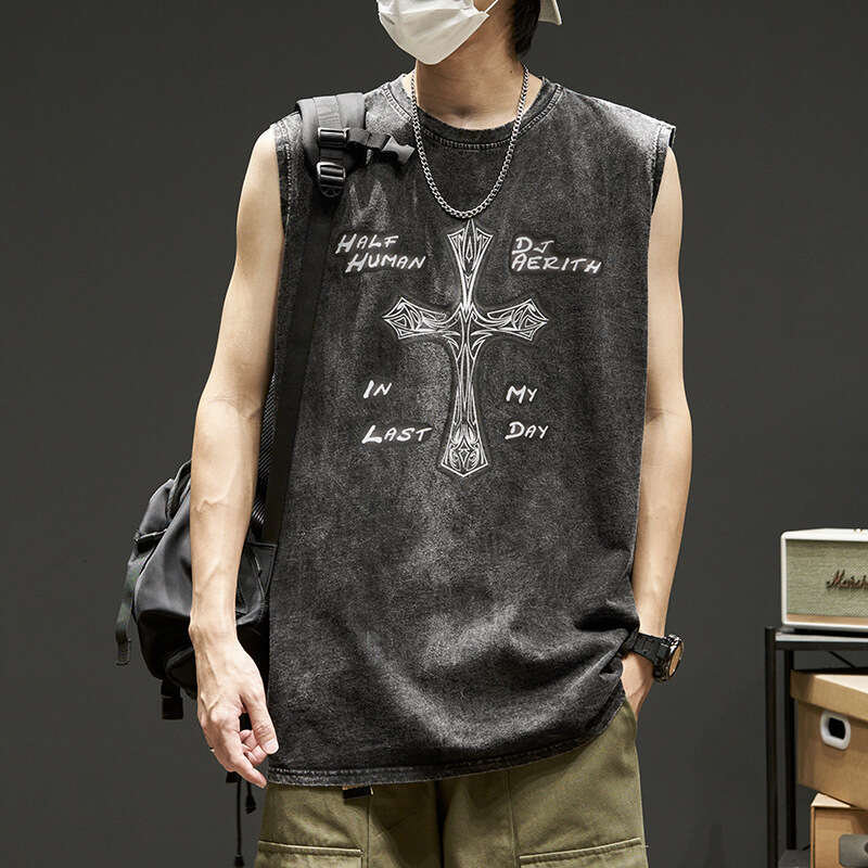 Men's Vest Trendy High Street Ins American Retro Cross Washed Black Sleeveless T-Shirt Outdoor Recreation Comfortable Soft Casual Lightweight Ver