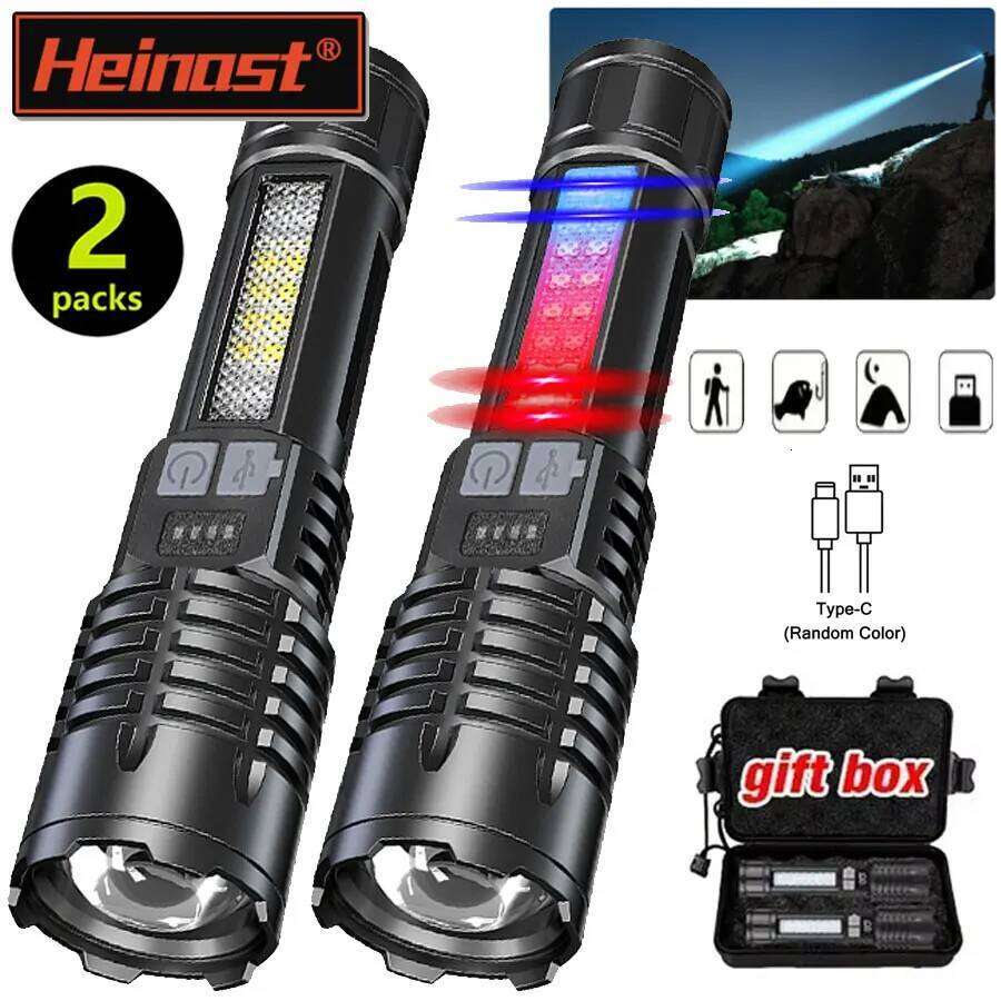 Heinast High Power LED Powerful TYPE-C Rechargeable COB Flashlight With Side Light Torch For Outdoor Camping Hiking H2601311