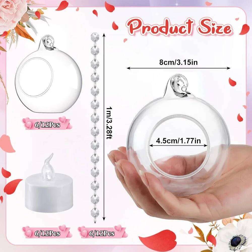 6/12Pcs Glass Candlestick LED Tealight Candle Holder Hanging Plant Crystal Ball for Wedding Home Party Tree Decoration Y260131