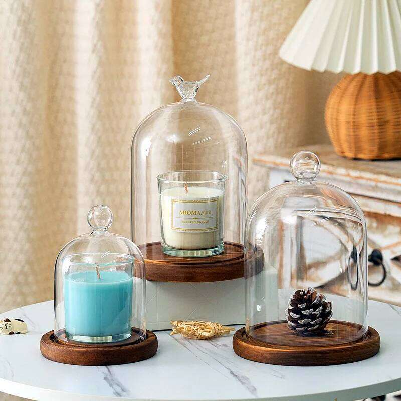 Holder Ornaments Dust-proof Glass Wooden Base Aromatherapy Candle Cover Display Box Home Decoration Y260131