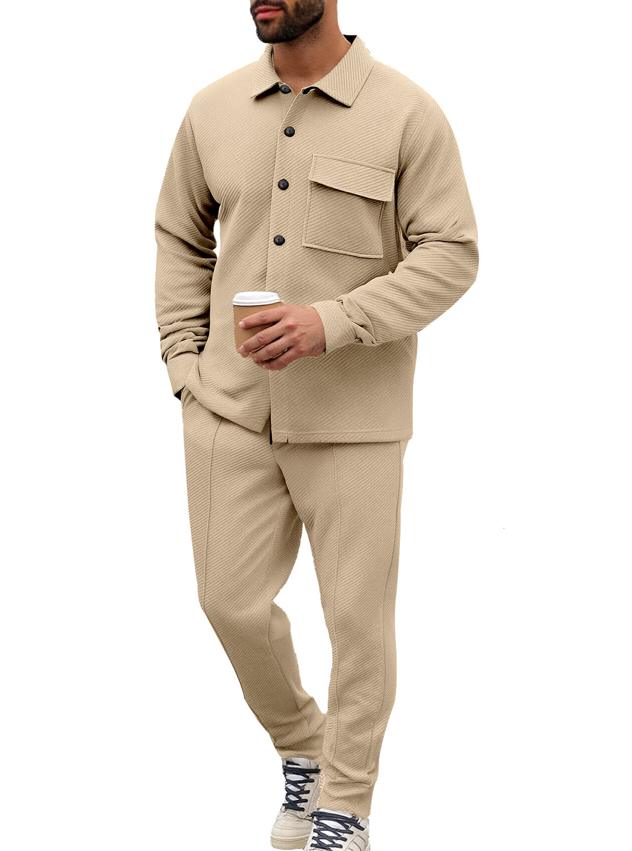 Mens Spring and Autumn Casual Jacquard Pocket Button Jacket and Sweatpants Set Versatile Sportswear