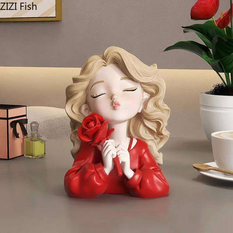 Wavy Blonde Hair Girl Figures Rose Flower Statue Desk Decoration Exquisite Character Resins Sculpture Room Aesthetics Decor Y260202