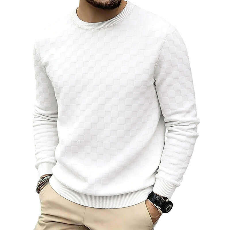 Men's Sweatshirt Style Spring and Autumn Loose Casual Simple Towel Jacquard Checkerboard Round Neck Long Sleeve Outdoor Recreation