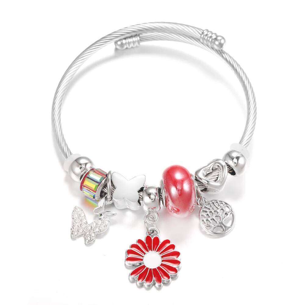 New Rhinestone Butterfly Pendant Stainless Steel Beaded 4 Colors Painted Flowers Closure Bangles Bracelet Women Jewelry H260202