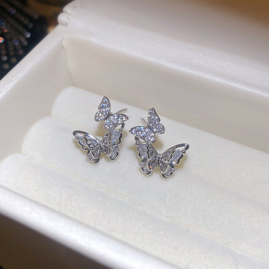 Silver Needle Zircon Butterfly Korean Style Ins Exquisite Elegant Versatile Light Luxury High-end Feel Earrings for Women - view 5