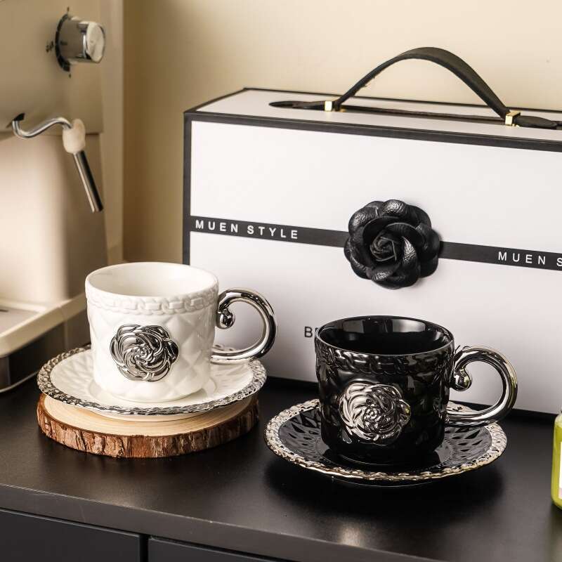 Home Ceramic Coffee Cup And Saucer Set Embossed Luxurious And Elegant French/european-style Coffee Cups Perfect As Gifts