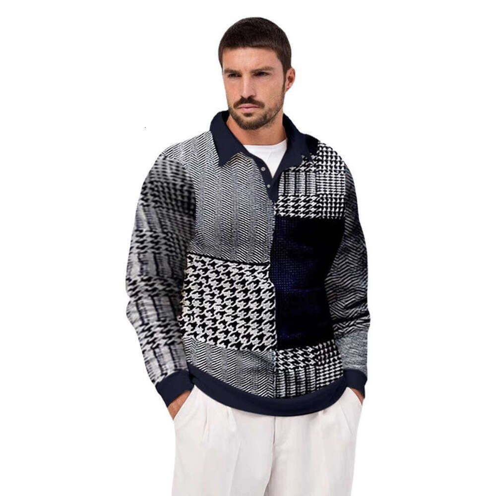 Men's Clothing New Fashion Casual Turn-Down Collar cDigital Print Men's polo shirts Casual Casual Long Sleeve Plaid
