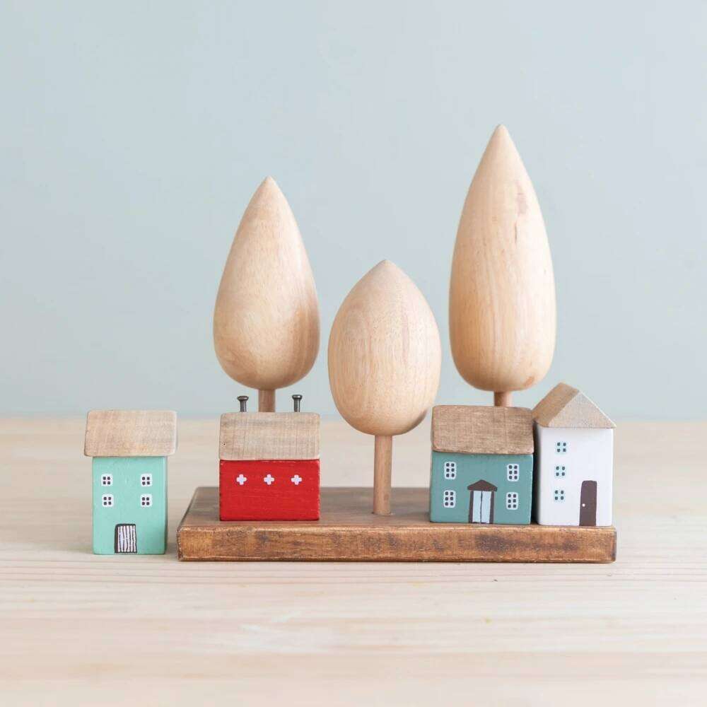 4Pcs Small Wooden House Ornament Miniature Building Table Desktop Home Decor Items Nordic Style Crafts Birthday Gifts for Women Y260202