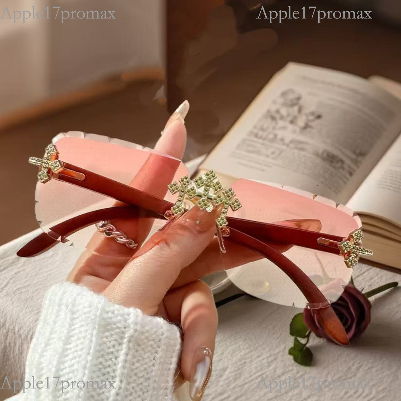 Luxurious Brand Designer Lady's Rimless Cut-edge Sunglasses Square Frame, High-end Feel Lace Decoration Diamond-encrusted Lenses Fashionable For 