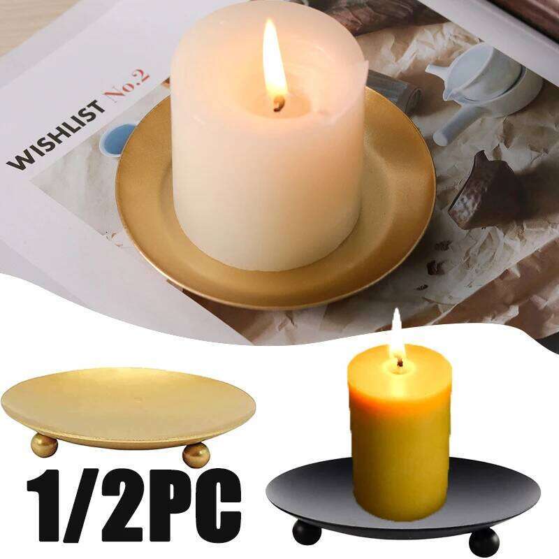 1/2PC Iron Black Golden Holders Metal Plate Wedding Party Christmas Decorative Candlestick Round Candle Holder Tray Base Y260131