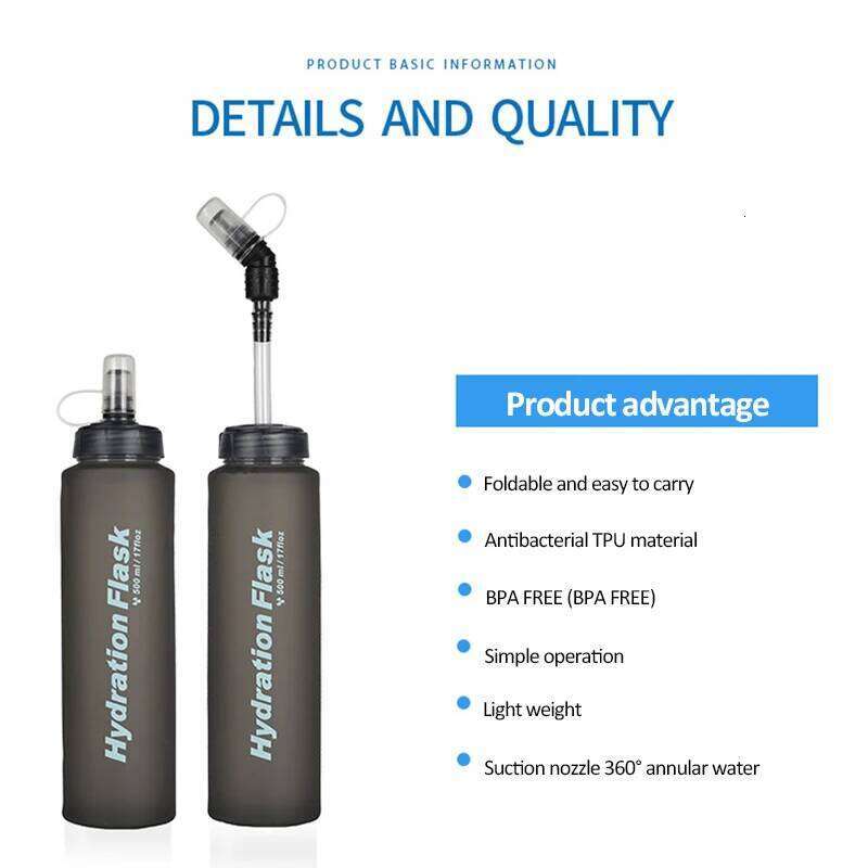 500ML Outdoor Soft BPA Folding Free Hydration Bottle Portable Sports Water Bag for Running Hiking Cycling Climbing Z260202