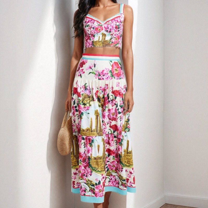 Spring new women's clothing - sexy patchwork plunging bandeau halter half-length skirt fashion set - two-piece set