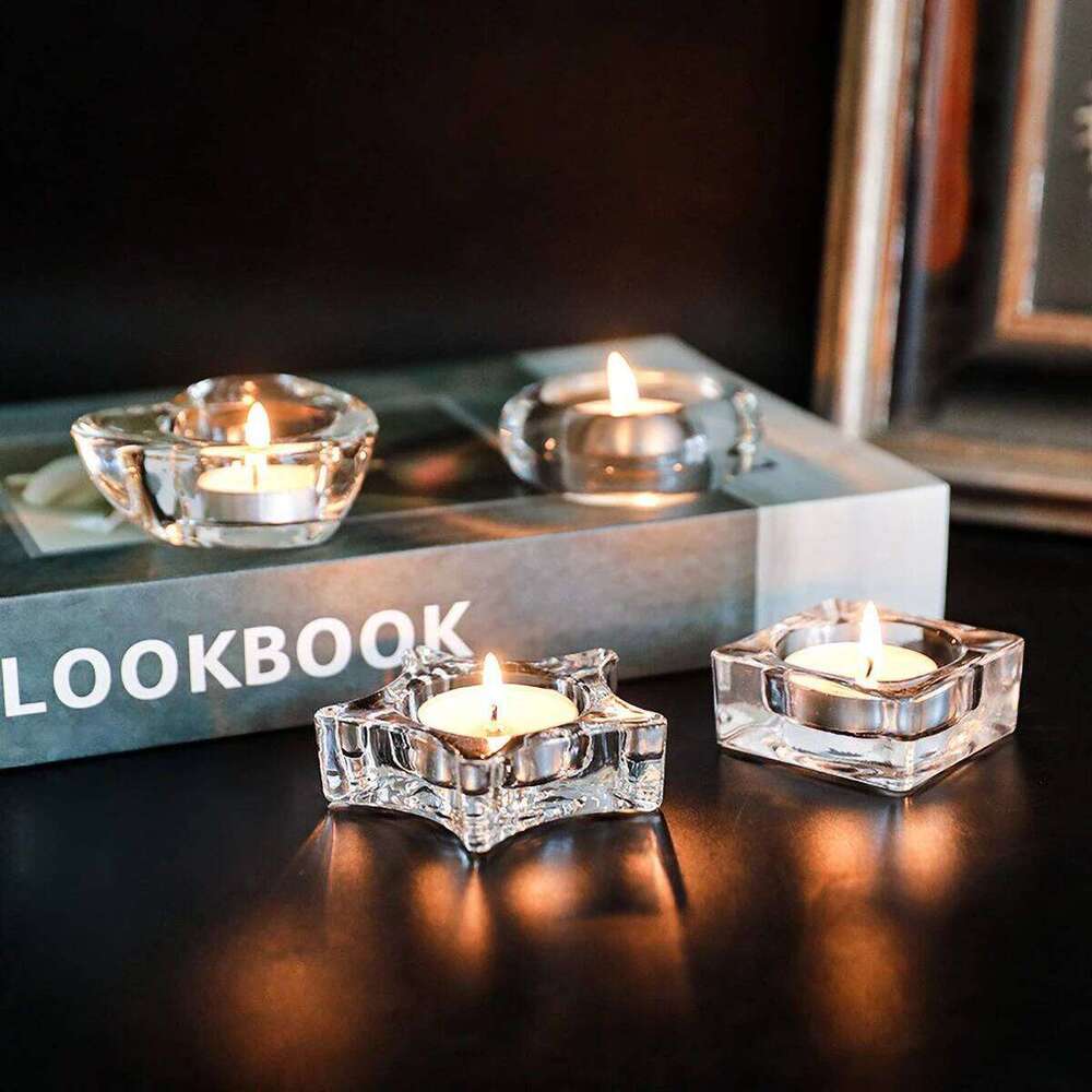 Clear Holder Glass Star Shape Design Table Decor - Transparent Tea Light Candle Stand for Dining Room Wedding Party Y260131