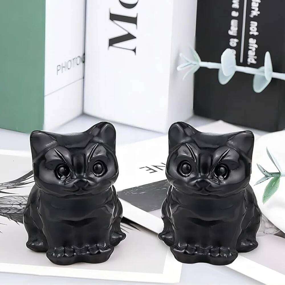 1.2" Black Obsidian Cat Halloween Statue Carved Stone Figurine Healing Crystals Gift Natural Gemstone Home Sculpture Decor Y260202