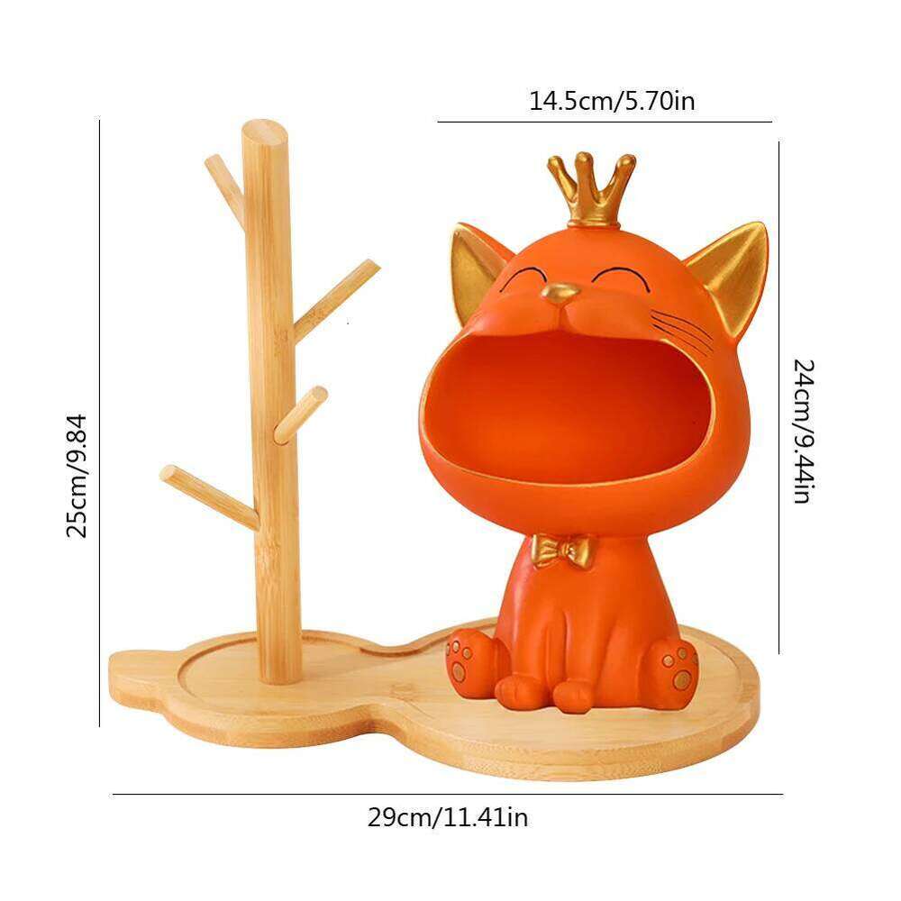 Storage With Wooden Rack Big Mouth Cat Resin Table Sculpture Entrance Crafts Household Supplies for Office Coffee Shop Y260202