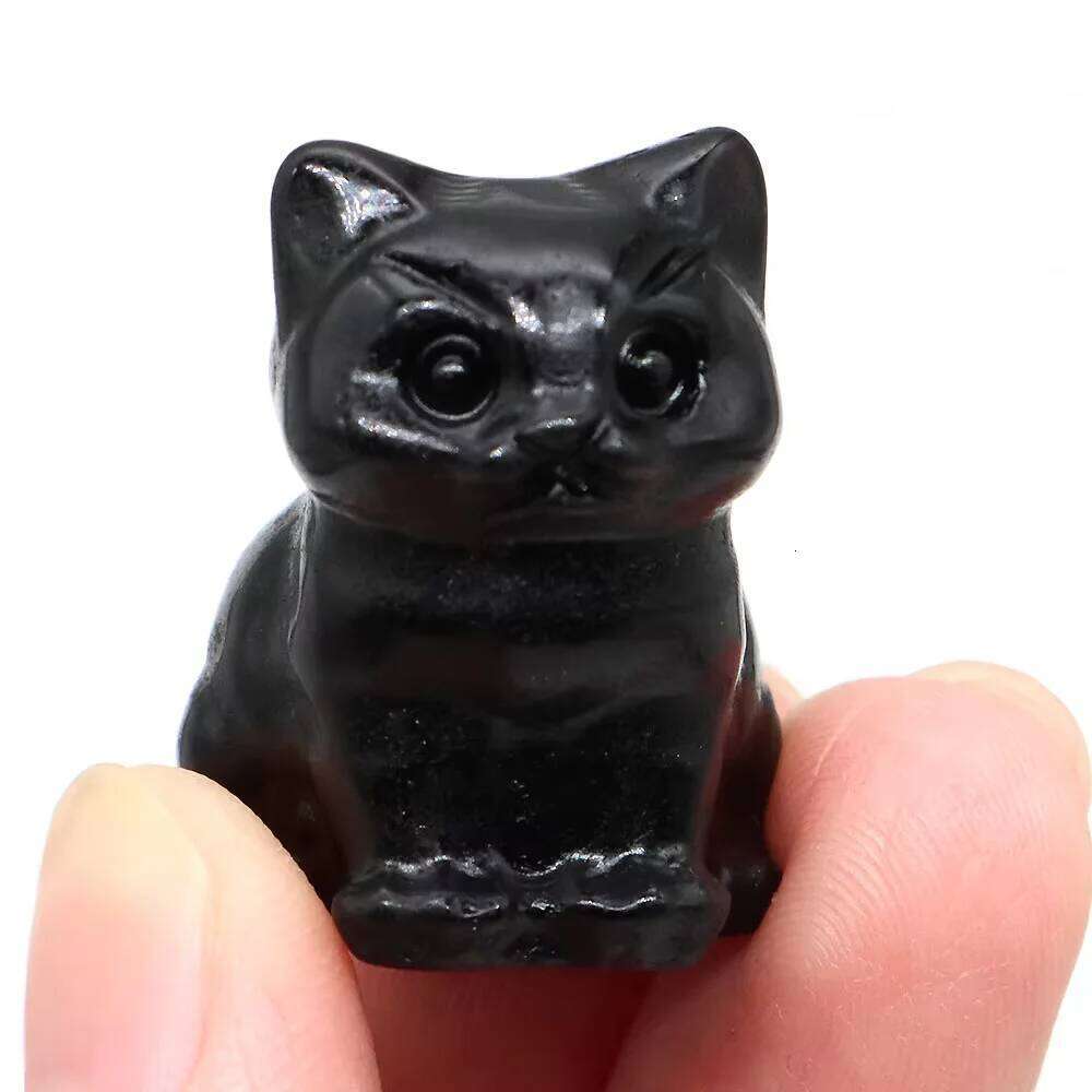 1.2" Black Obsidian Cat Halloween Statue Carved Stone Figurine Healing Crystals Gift Natural Gemstone Home Sculpture Decor Y260202