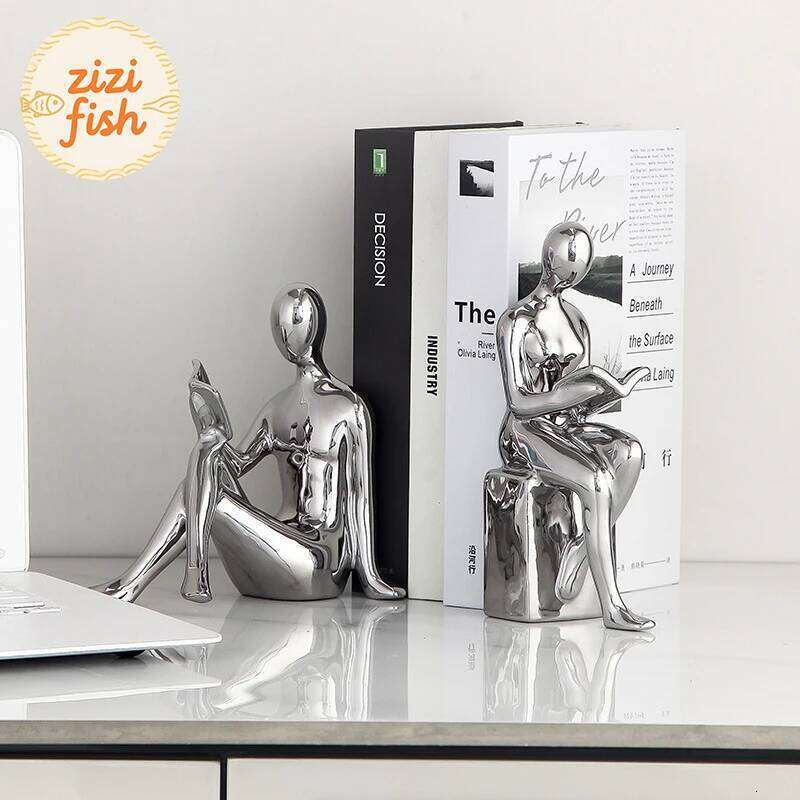 Reader Character Ceramic Statue 2pcs Library Bookshelves Bookend Creative Crafts Ornament Figures Sculpture Room Aesthetic Decor Y260202