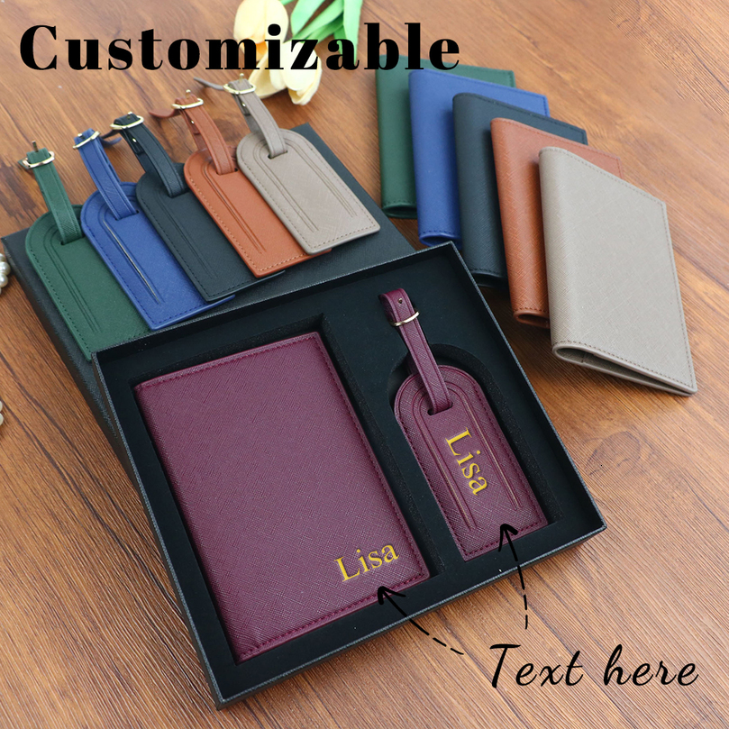 Customized name set unisex Safiano PU leather passport holder and luggage tag gift box 260104