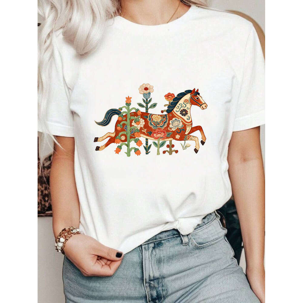 2026 Year Of The European American Summer New Women's Japanese And Korean Casual Horse Floral Pattern Printed Loose Short Sleeve T-Shirt