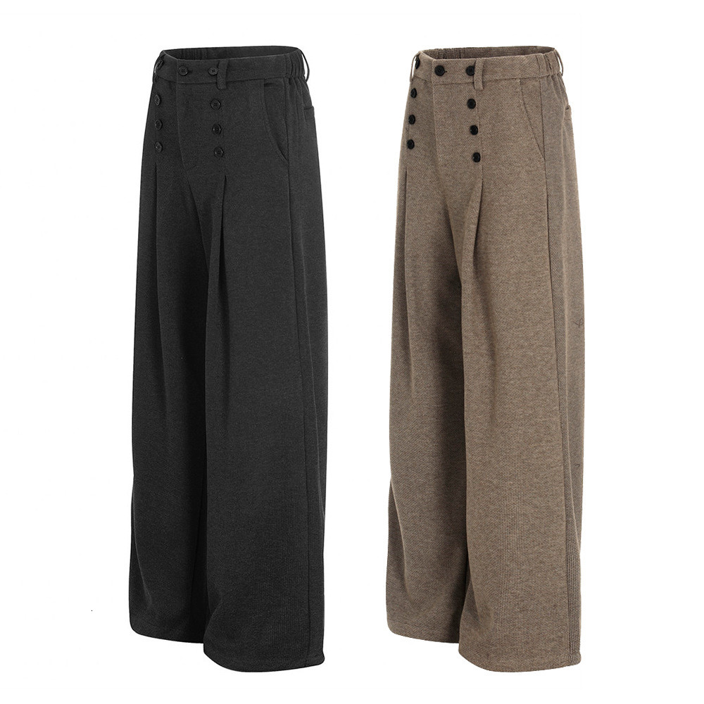 Old Money Style Casual Pants Mens Trendy Brand Vibe American Style Pleated Button Design Solid Color Draped Loose Long Pants