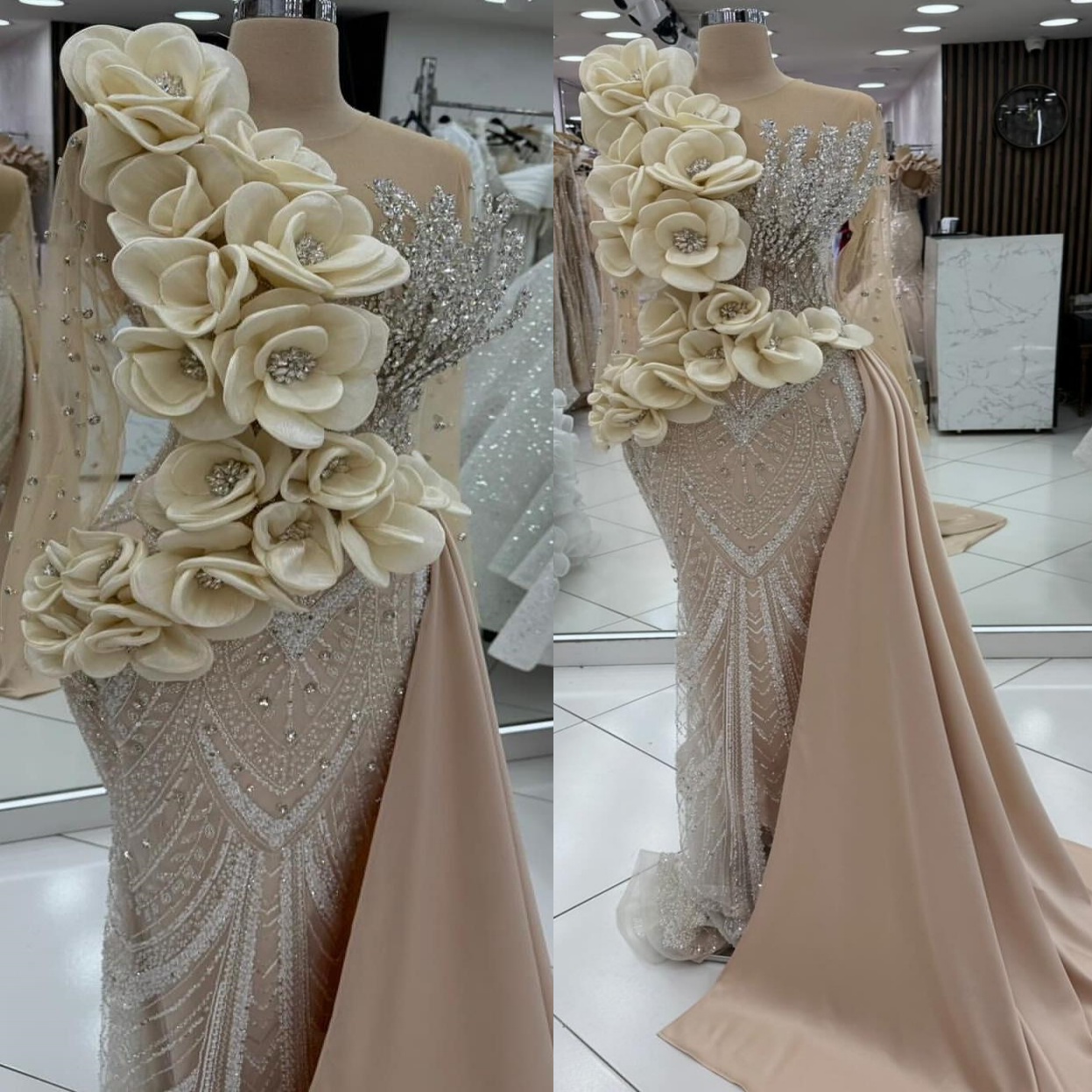 Aso Ebi Champagne Mermaid Prom Dresses 2026 Beaded Crystals Flowers Sheer Neck Evening Formal Party Second Birthday Engagement Gowns Dress For Special