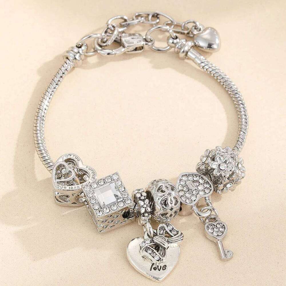 1PC Women's Fashion Type Plate Home Stainless Steel Alloy Multi Element Bead Love Jewelry Bracelet Date Party Holiday Gift H260202
