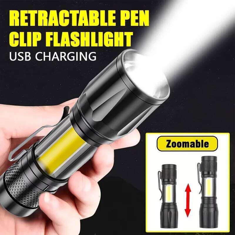 Mini LED COB+XPE Portable Torch USB Charging Camping Lantern Zoomable Focus Light Tactical Flashlight with Pen Clip H2601311