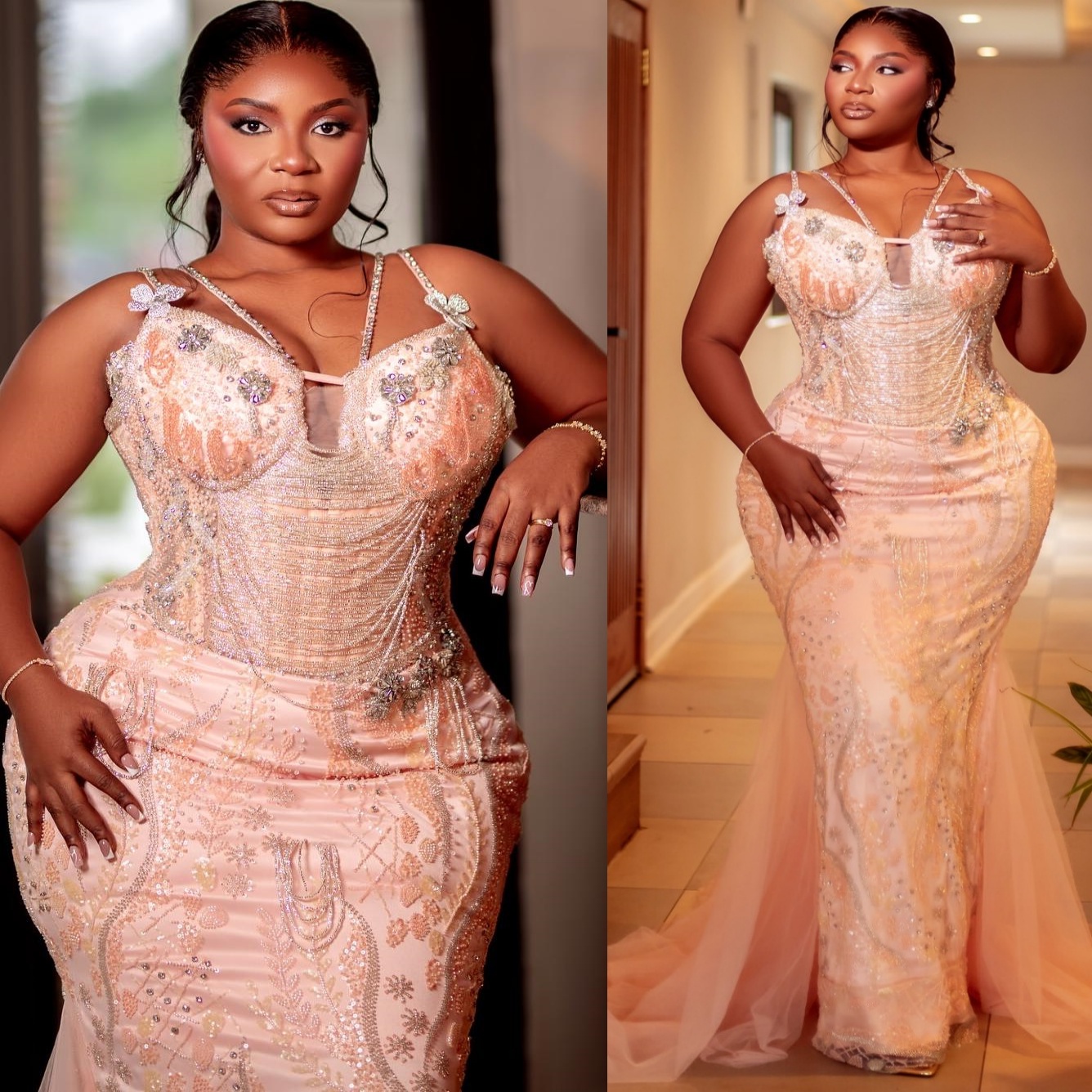 Aso Ebi Peach Mermaid Prom Dresses 2026 Beaded Crystals Flowers Sparkly Evening Formal Party Second Birthday Engagement Gowns Dress For Special Occasi