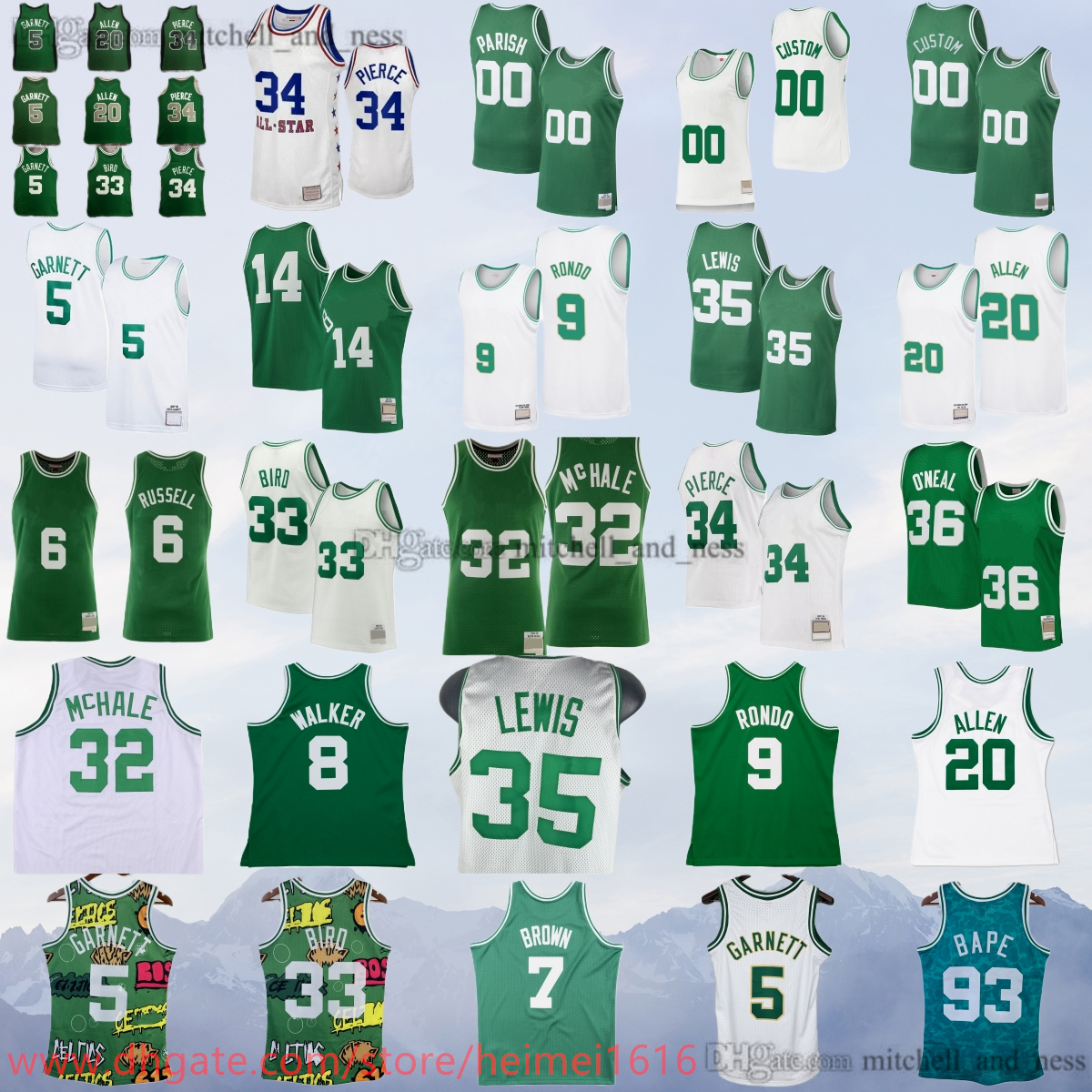 Printed MN Mesh 1985-86 Basketball 33 Larry Bird Jersey Classic Retro 5 Kevin Garnett 9 Rajon Rondo 20 Ray Allen 34 Paul Pierce 35 Reggie Lewis Kevin McHale Parish O'Neal
