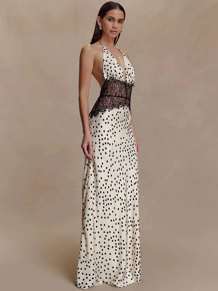 Mozision Polka Dot Backless Sexy Maxi Women Gown Elegant Patchwork Lace Halter Deep V Neck Sleeveless Bodycon Club Dress